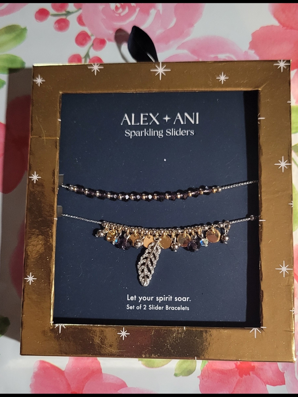ALEX AND ANI Gold and Black Sparkling Feather Slider Bracelet Set